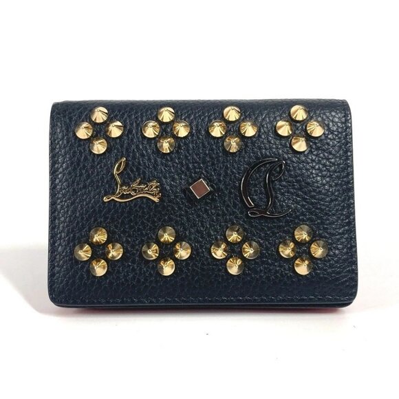 Christian Louboutin Studs logo Flap Business Card Case Leather Black/Red - Picture 1 of 8